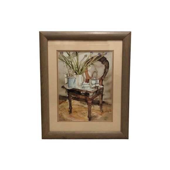 Vintage Tea Tray and Irises by Richard Akerman Watercolor Print Framed - Picture 1 of 5